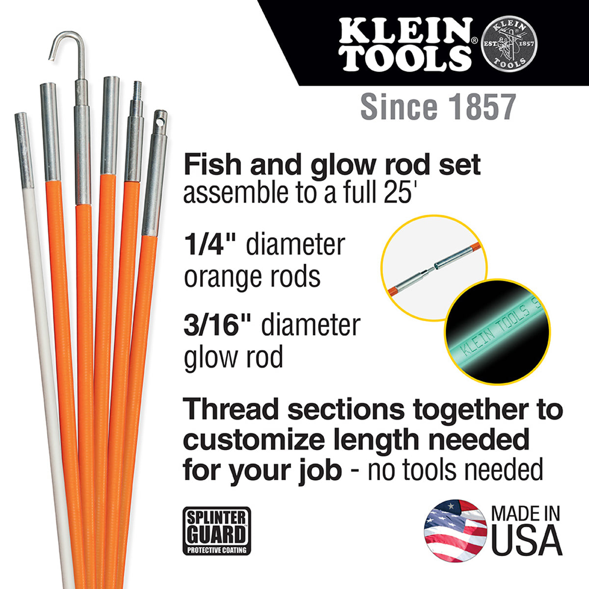 Klein Tools 56325 Fish and Glow Rod Set, 25 ft Length, 1/4 to 3/16 in Diameter