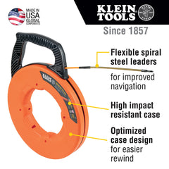 Klein Tools 56351 Fiberglass Fish Tape with Spiral Steel Leader 100-Foot