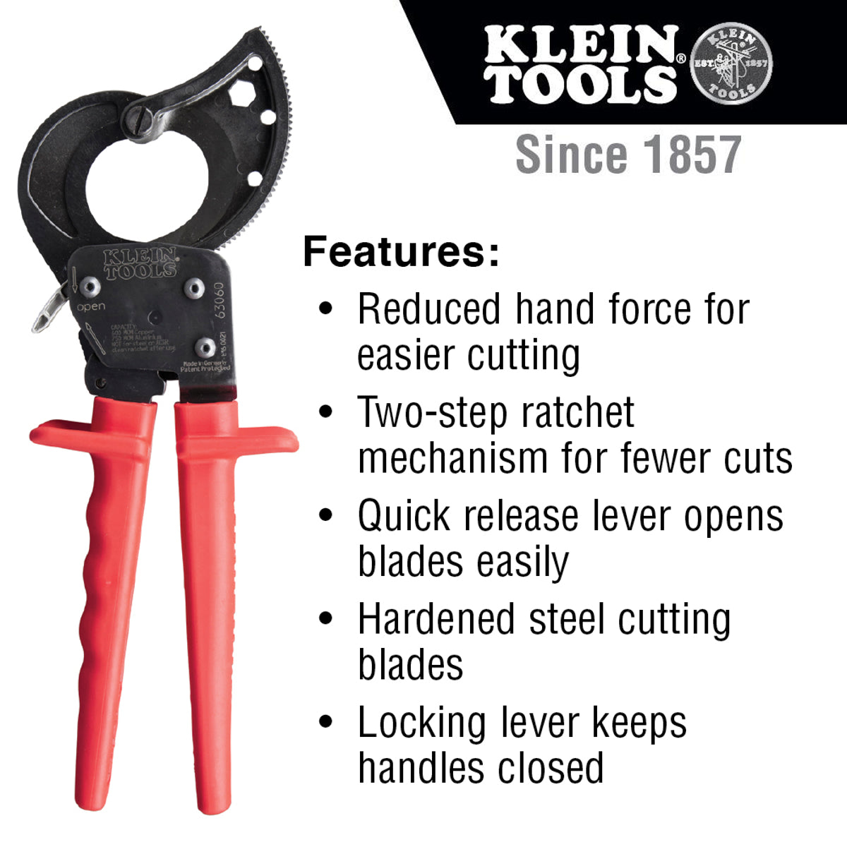 Klein Tools 63060 Ratcheting Cable Cutter 400 MCM Copper 600 MCM Aluminum 1-1/8 in Communications Cable