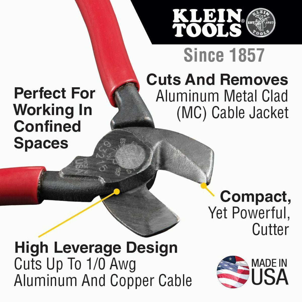 Klein Tools 63215 High-Leverage Compact Cable Cutter 1/0 AWG Aluminum And Copper Cables