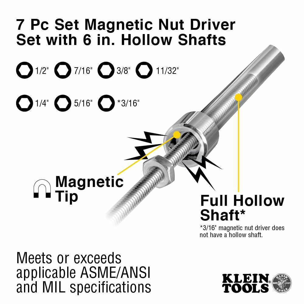 Klein 647M Magnetic Nut Driver Set, 7 Piece, 6-Inch Shafts