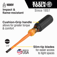 Klein Tools 6924INS Slim-Tip Insulated Screwdriver 1/4-Inch Cabinet 4-Inch Round Shank