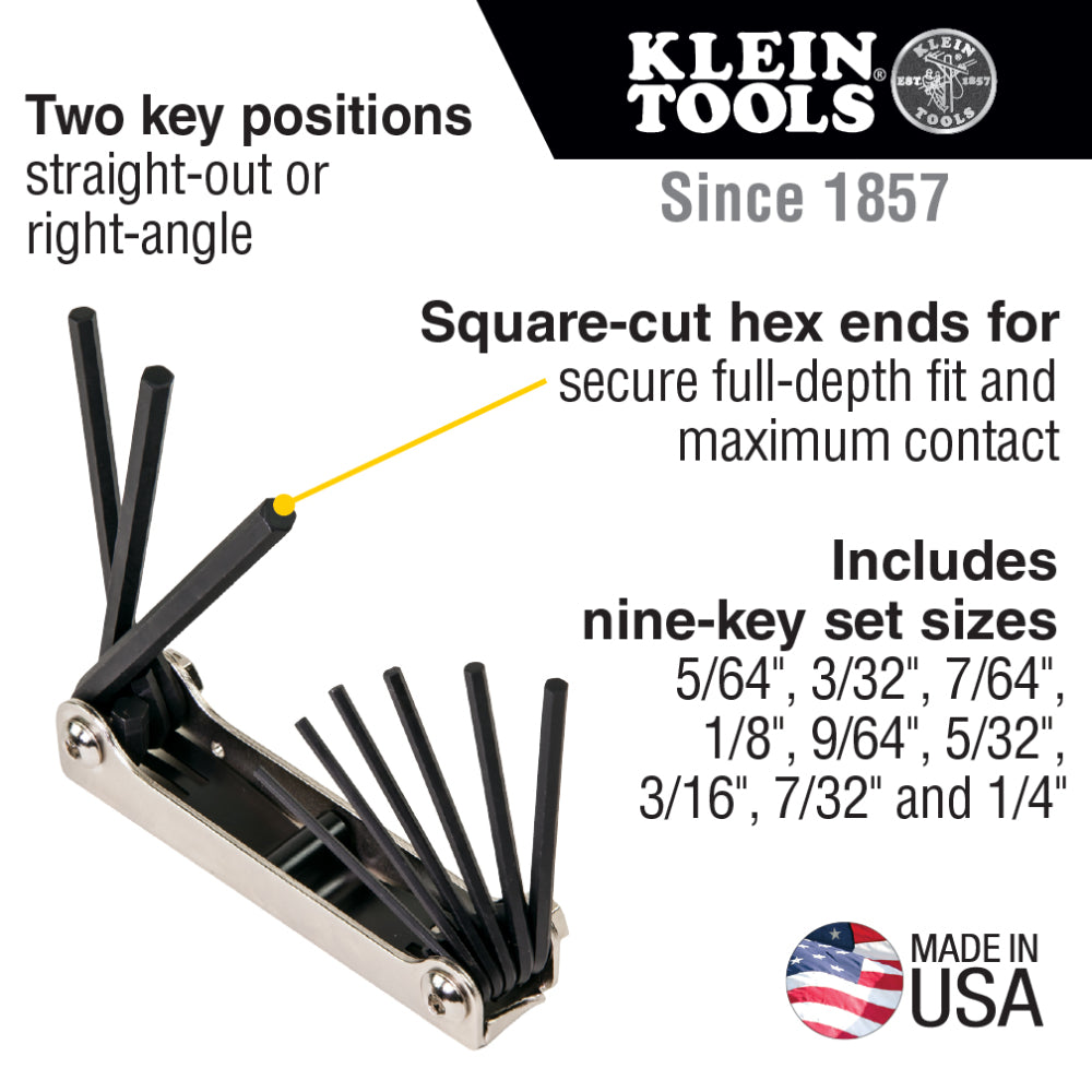 Klein Tools 70591 Folding Hex Key Set 9-Key SAE Sizes Replacement MPN