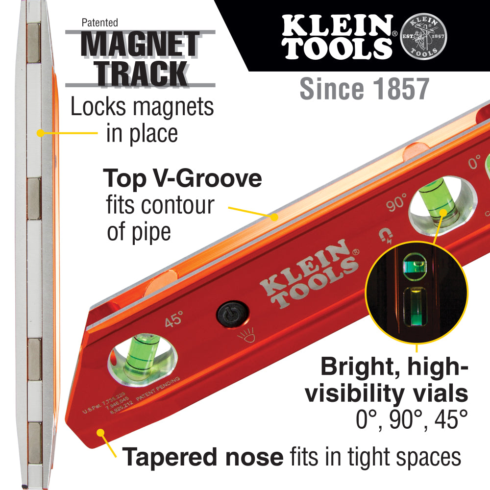 Klein Tools 935RBLT Level, 9-Inch Lighted Torpedo Level with Magnet, 0/45/90 Degree Vials