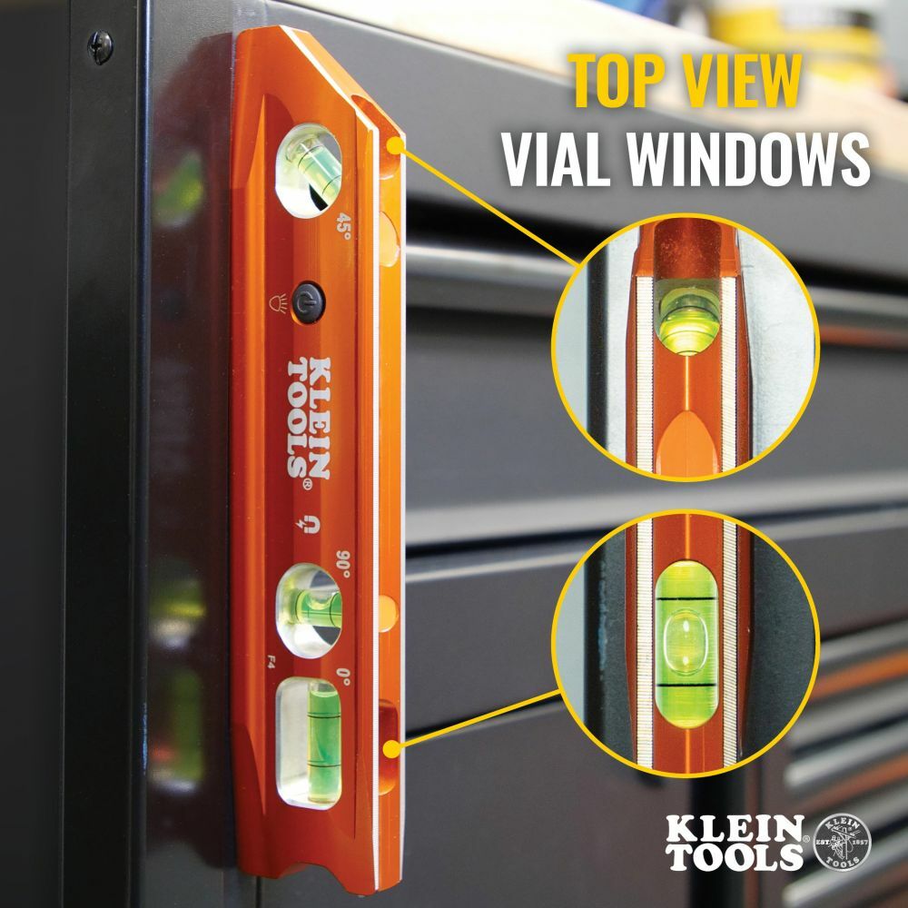 Klein Tools 935RBLT Level, 9-Inch Lighted Torpedo Level with Magnet, 0/45/90 Degree Vials