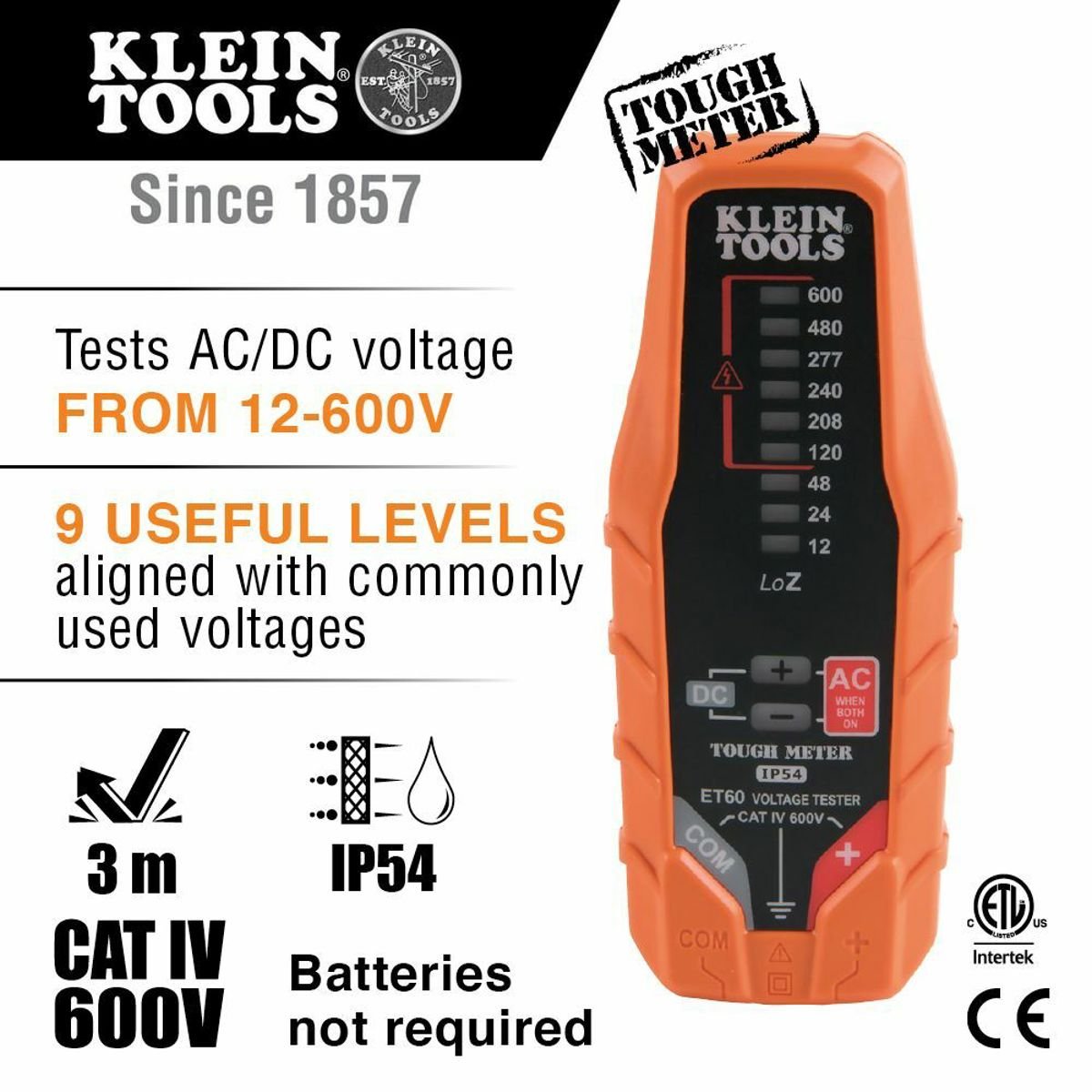 Klein Tools ET60 Electronic AC/DC Voltage Tester 12 to 600V