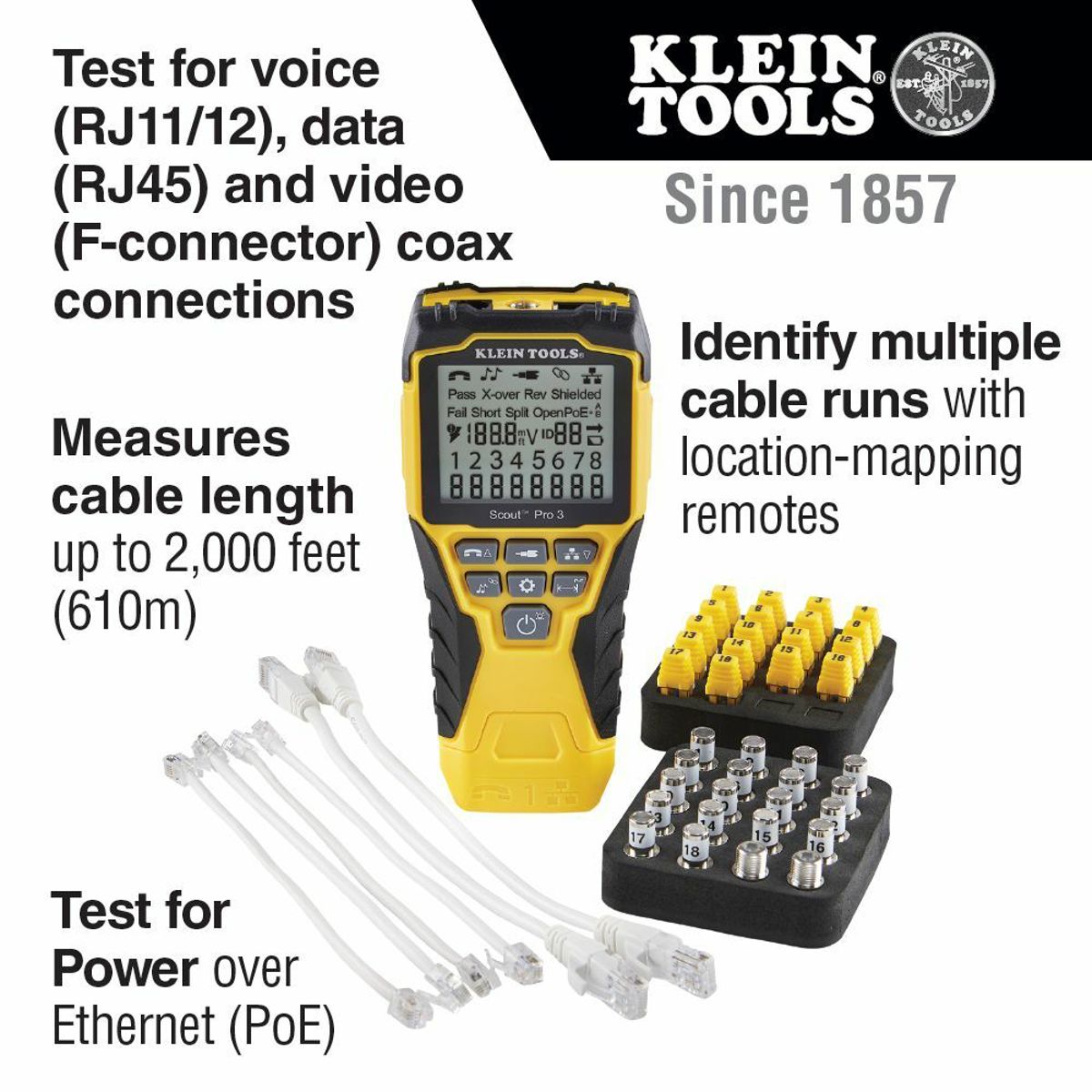 Klein Tools VDV501-852 Scout Pro 3 Tester with Locator Remote Kit Cable Testing 2000ft RJ11/12 RJ45 F-Connector