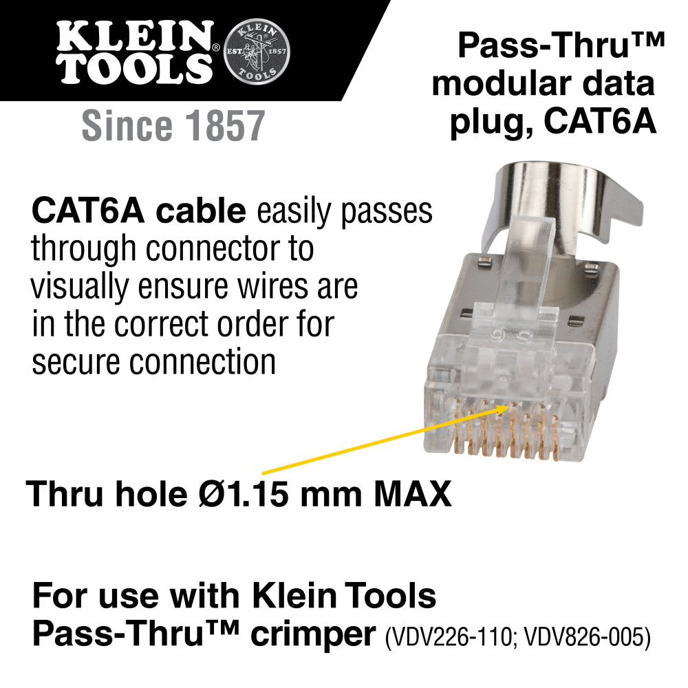 Klein Tools VDV826-754 Pass-Thru Modular Data Plug RJ45-CAT6A Shielded STP 100-Pack