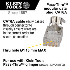 Klein Tools VDV826-754 Pass-Thru Modular Data Plug RJ45-CAT6A Shielded STP 100-Pack