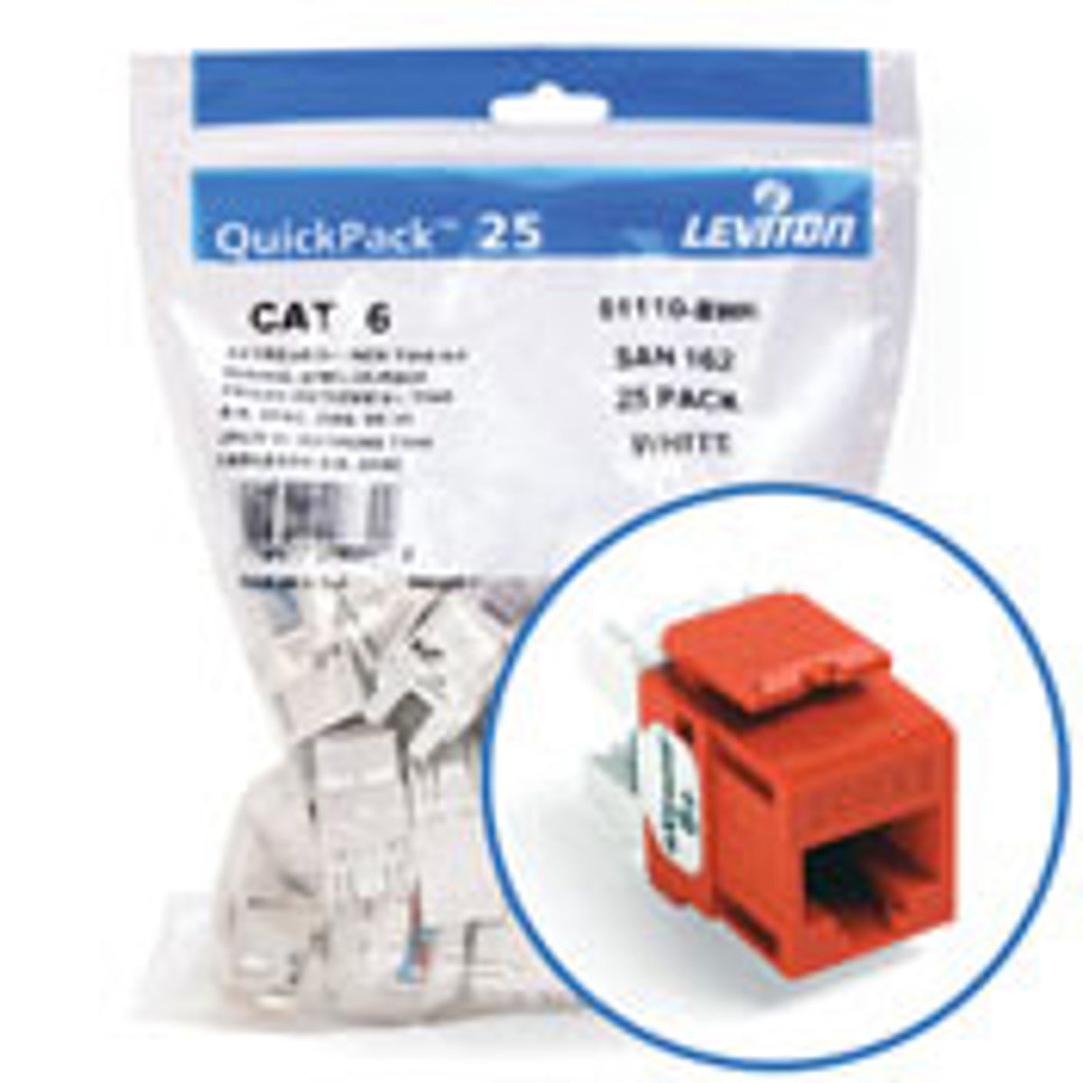 Leviton 61110-BO6 eXtreme CAT6 QuickPort Jack QuickPack, 25-Pack, Orange