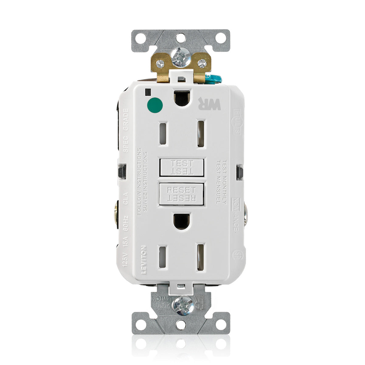 Leviton GFWT1-HGW 15 Amp, 125 Volt, SmartlockPro Self-Test GFCI Duplex Receptacle NEMA 5-15R