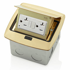 Leviton PFGF2-BR Pop-Up Floor Box with 20 Amp, 125 Volt Receptacle Outlet, 20 Amp Feed-Through, Tamper-Resistant, Self-Test SmartlockPro GFCI that is pre-wired to terminal block - Brass