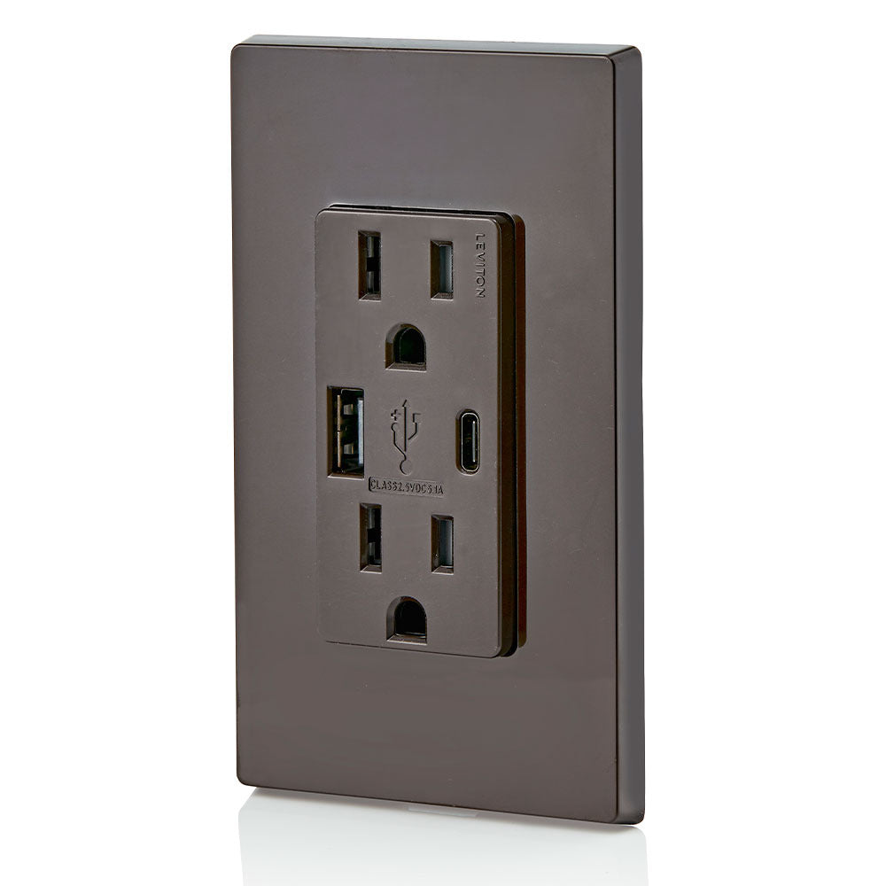 Leviton T5633-B Combination Duplex Receptacle/Outlet and USB Charger, 15 Amp, 125 Volt, Brown