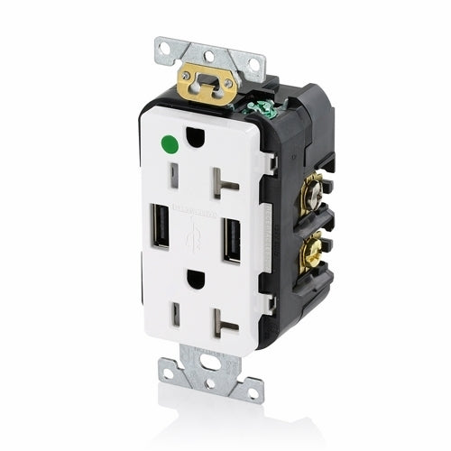 Leviton T5832-HGW Combination Tamper-Resistant Duplex Receptacle and Dual-Port USB Charger 20A-125V