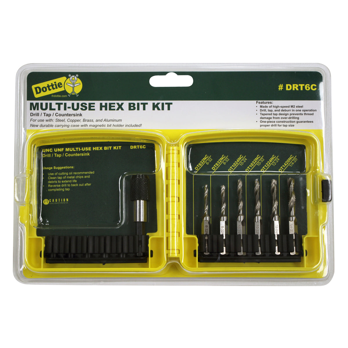 LH Dottie DRT6C Drill/Tap Kit, 6 Pieces, One-Piece Construction, 6-32 Through 1/4-20 IN