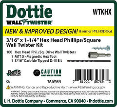 LH Dottie WTKHX 3/16 inch x 1-1/4 inch Hex Head Phillips/Square Wall Twister Kit