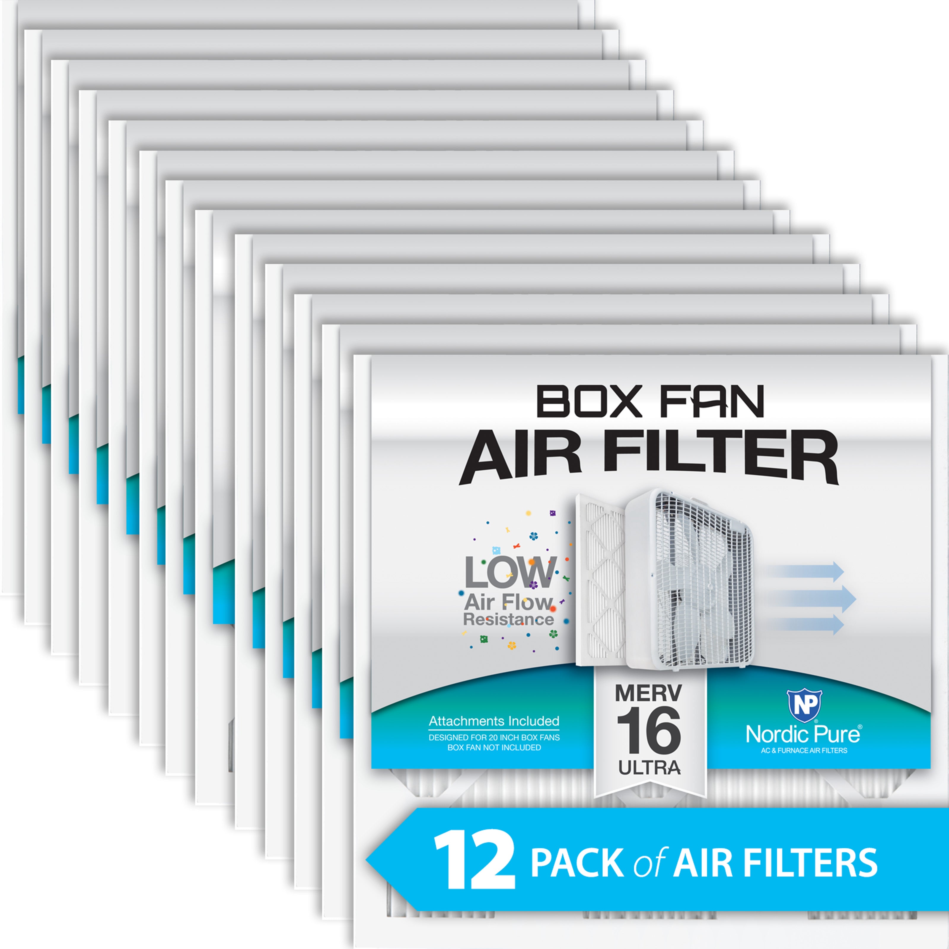 NORDIC PURE Nordic Pure BoxFanFilter20x20x1M16-12 Merv 16 Box Fan Filter 12pk