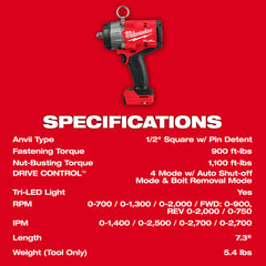 Milwaukee 2966-20 M18 FUEL 1/2 High Torque Impact Wrench w/ Pin Detent