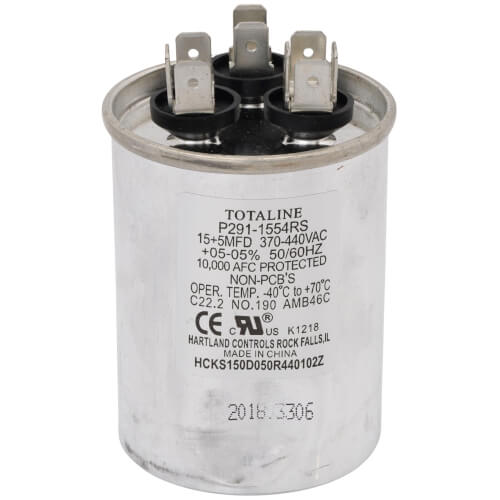 Carrier P291-1554RS 440V Round Run Capacitor 15/5 MFD