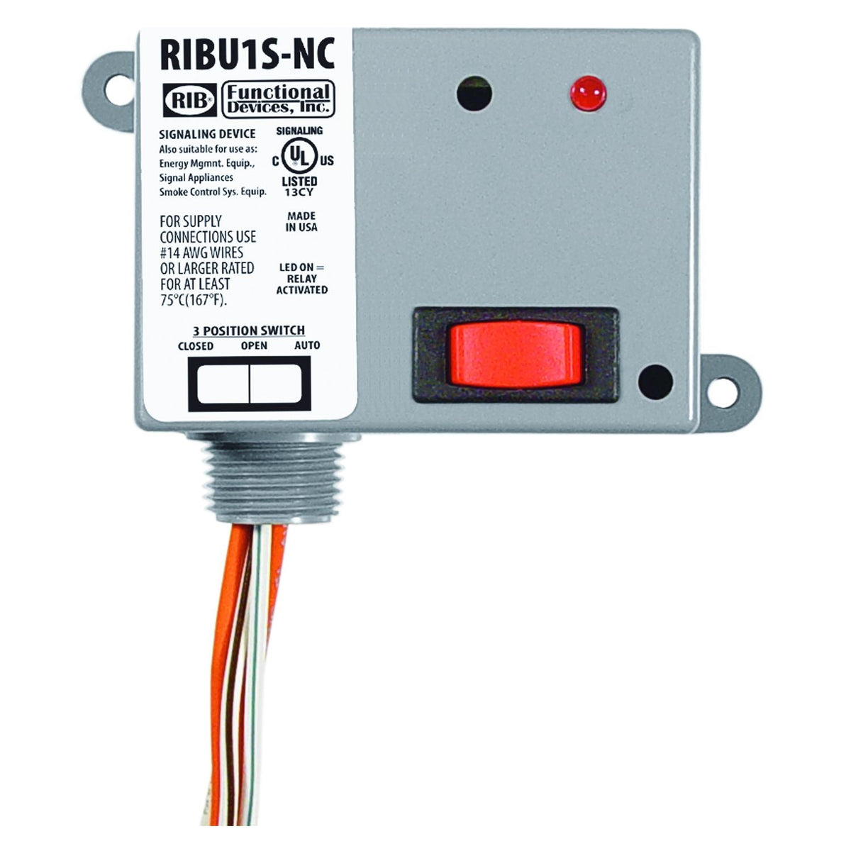 Functional Devices RIBU1S-NC Enclosed Pilot Relay 10 Amp SPST-N/C & Override 10-30 VAC/DC 120 VAC Coil