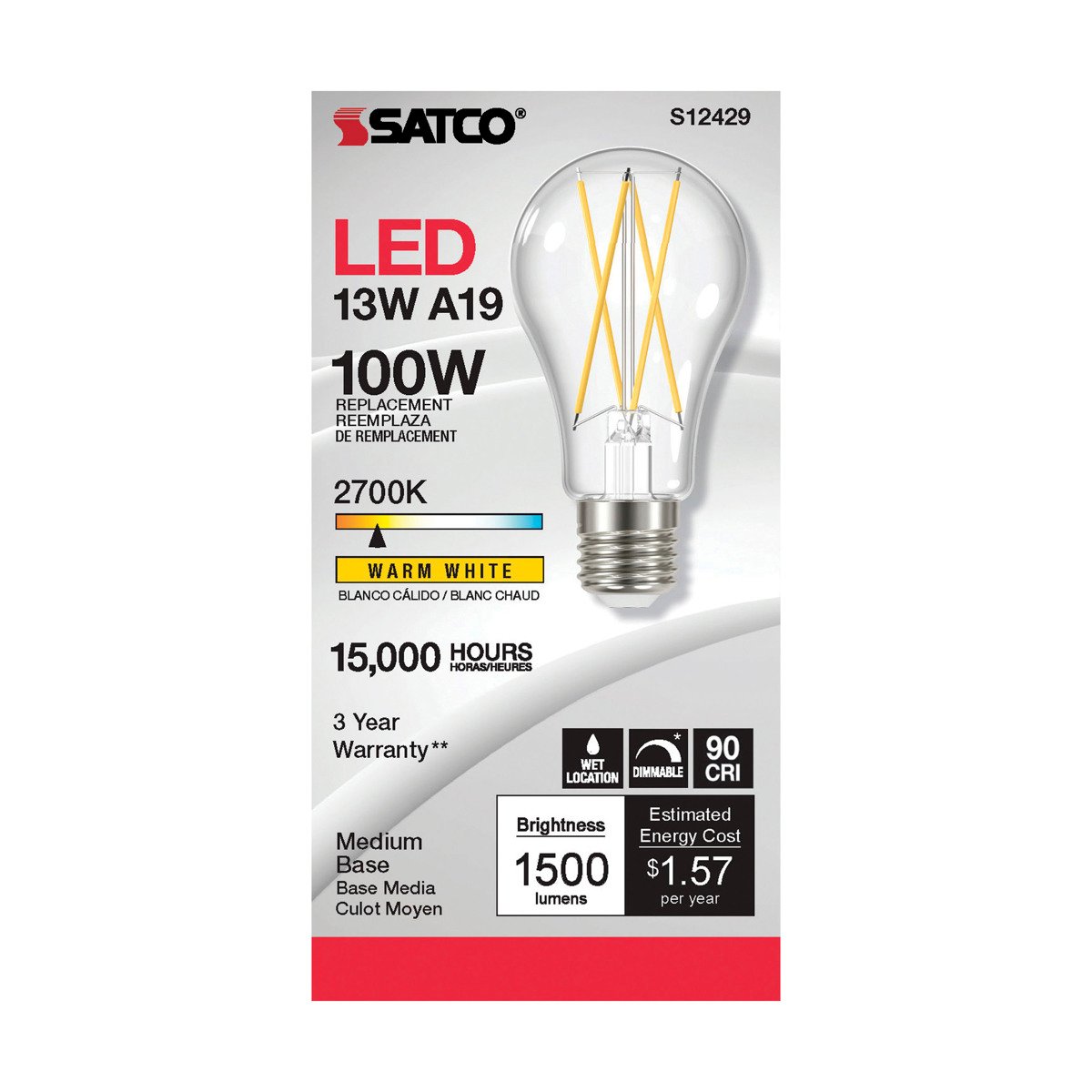 Satco S12429 12.5 Watt LED A19 Clear Medium Base 2700K 90 CRI 120 Volt