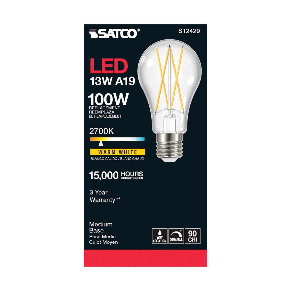 Satco S12429 12.5 Watt LED A19 Clear Medium Base 2700K 90 CRI 120 Volt