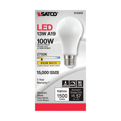 Satco S12433 13.5 Watt LED A19 Lamp Soft White Medium Base 2700K 90 CRI 120 Volts