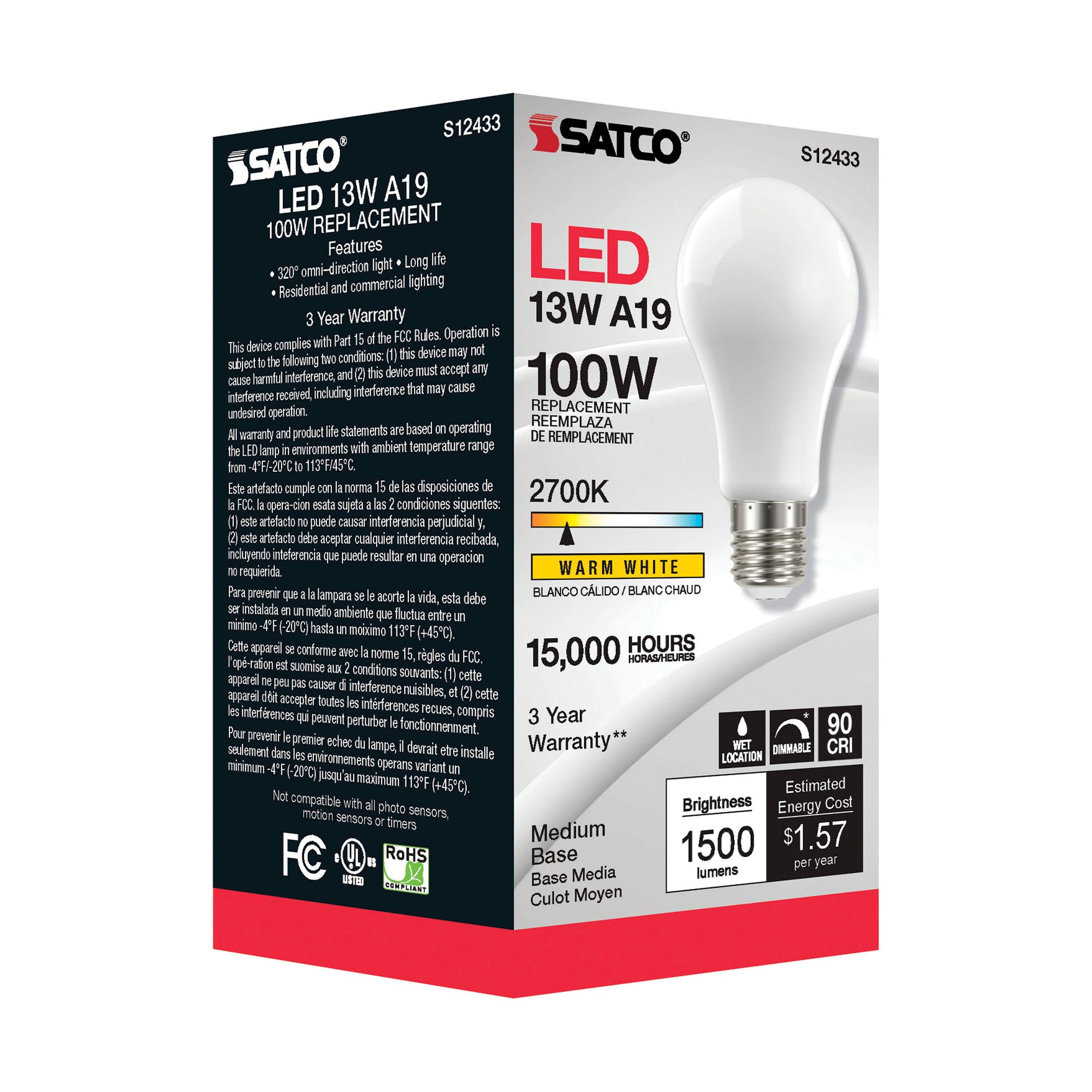 Satco S12433 13.5 Watt LED A19 Lamp Soft White Medium Base 2700K 90 CRI 120 Volts