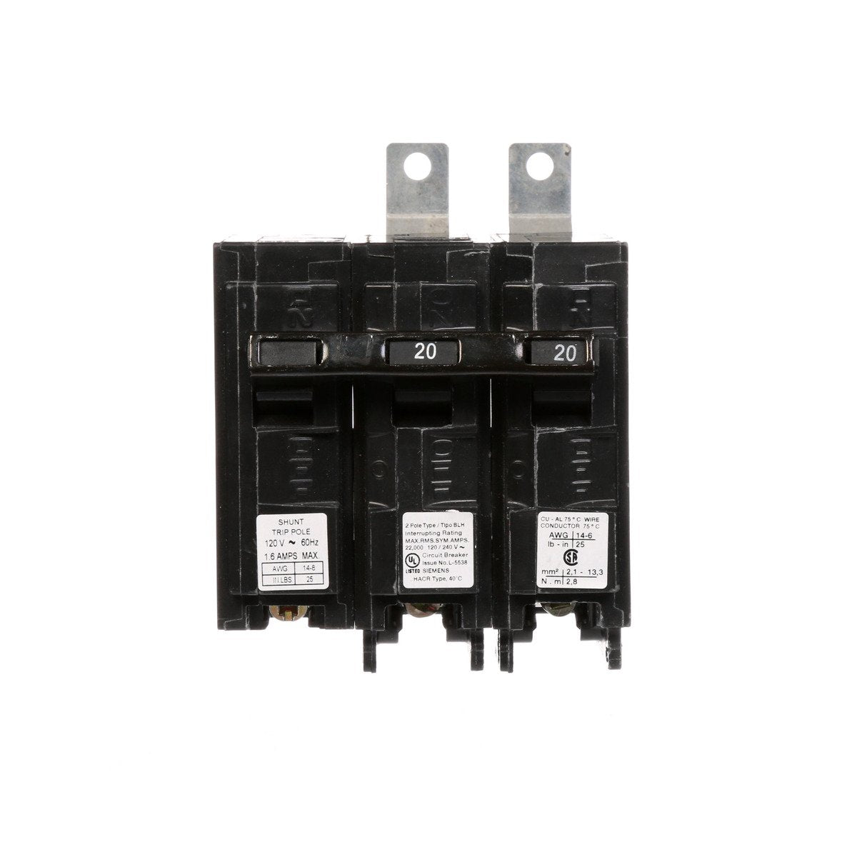 Siemens B220H00S01 120 and 240 Volt 20 Amp 22 Kaic 2-Pole Type Blh Circuit Breaker with 120 Volt Shunt