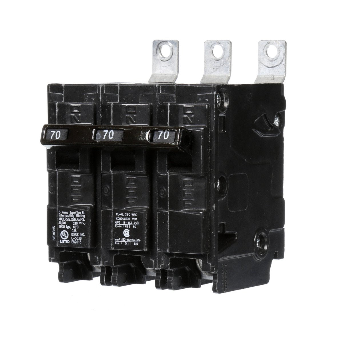 Siemens B370 Low Voltage Molded Case Circuit Breaker, 240V, 70A, 10 kA Interrupt, 3-Pole