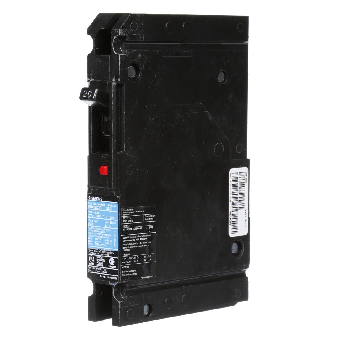 Siemens ED41B020 1-Pole 20 Amp 277 VAC 22 kA Circuit Breaker Lug