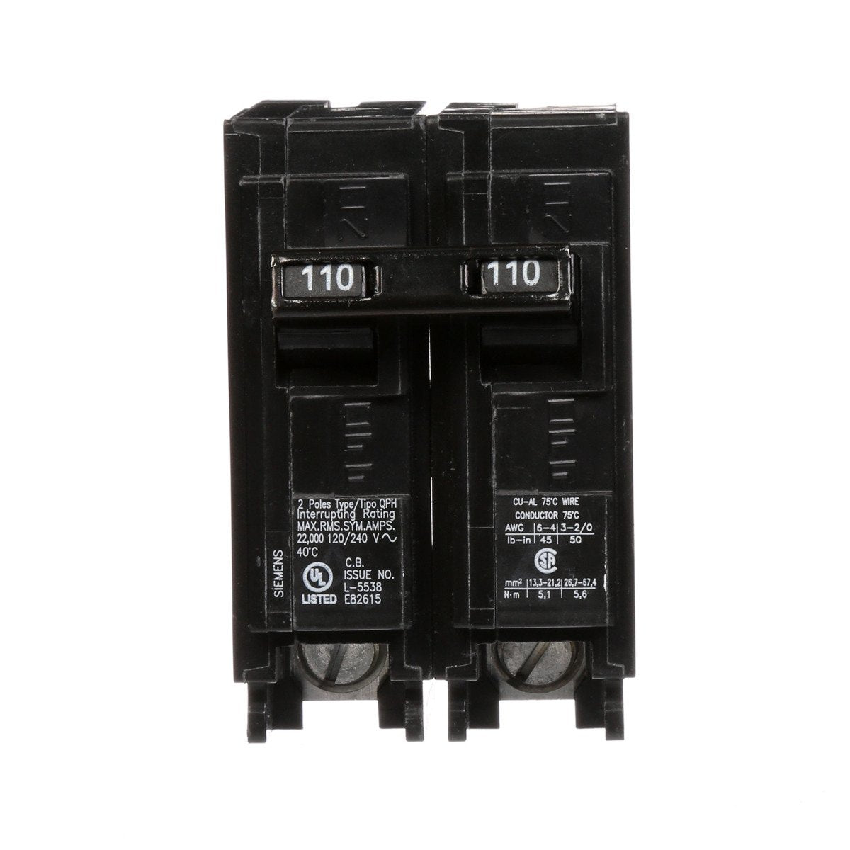 Siemens Q2110H 110 Amp 22 kA 120/240 Volt 2-Pole Type QPH Circuit Breaker