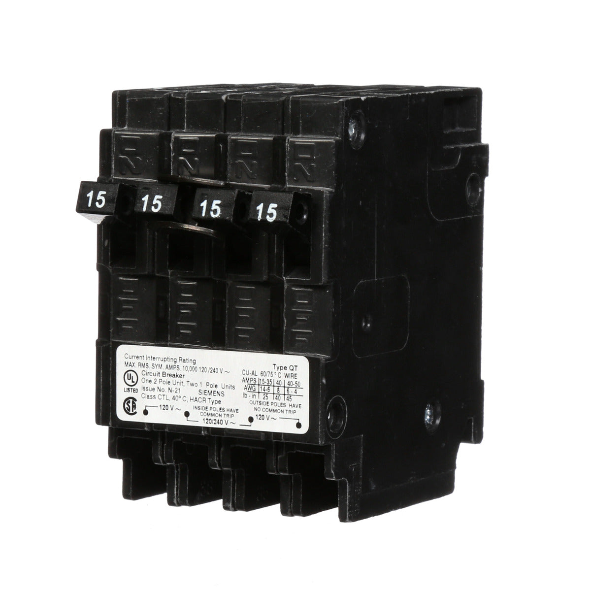 Siemens Q21515CT Triplex Circuit Breaker, Single-Pole 15A, 2-Pole 15A Common-Trip, 120/240V AC, Plug-In, 10kA