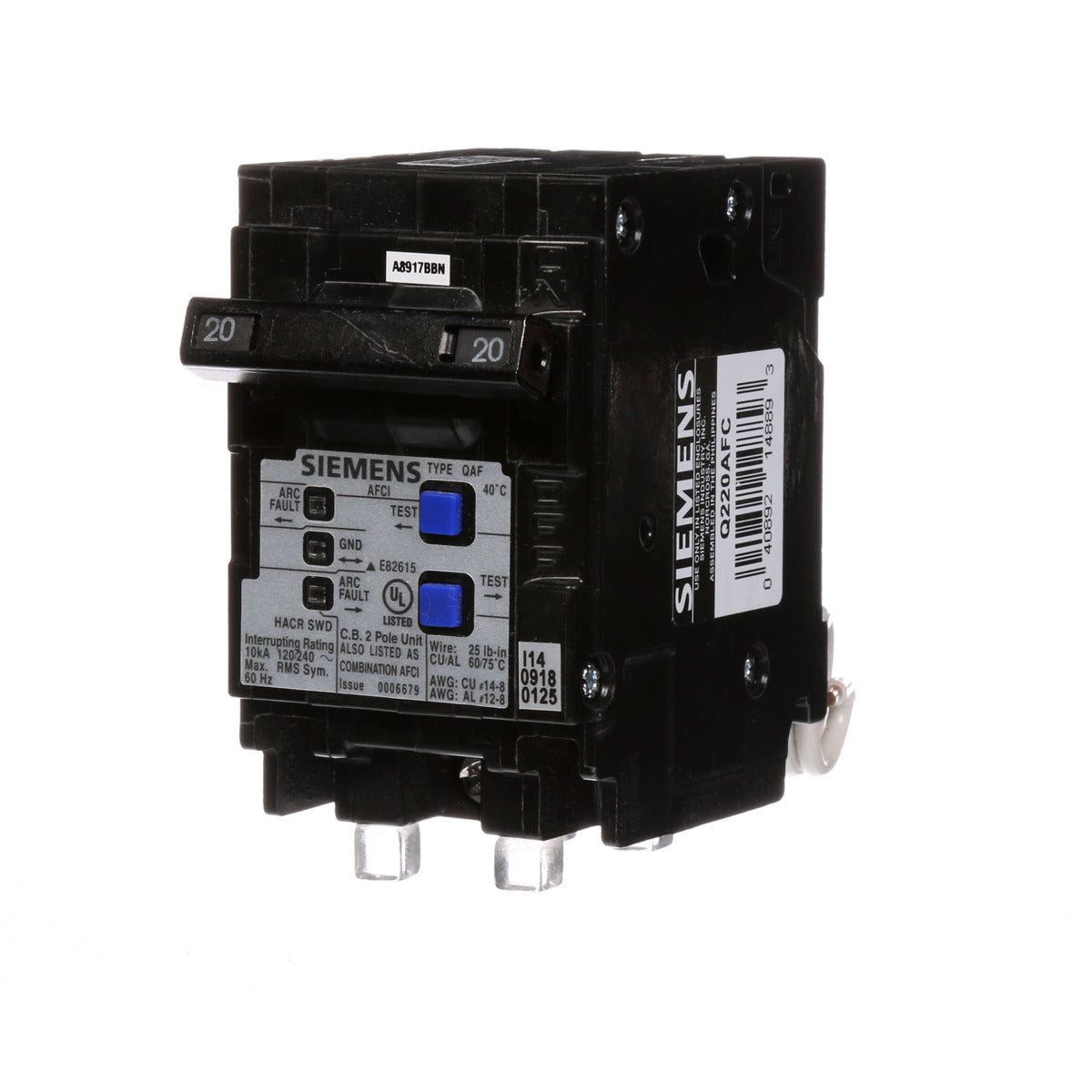 Siemens Q220AFC 2-Pole 20A 120/240V AC Combination Arc Fault Circuit Interrupter (AFCI) Breaker, Plug-On, 10kA