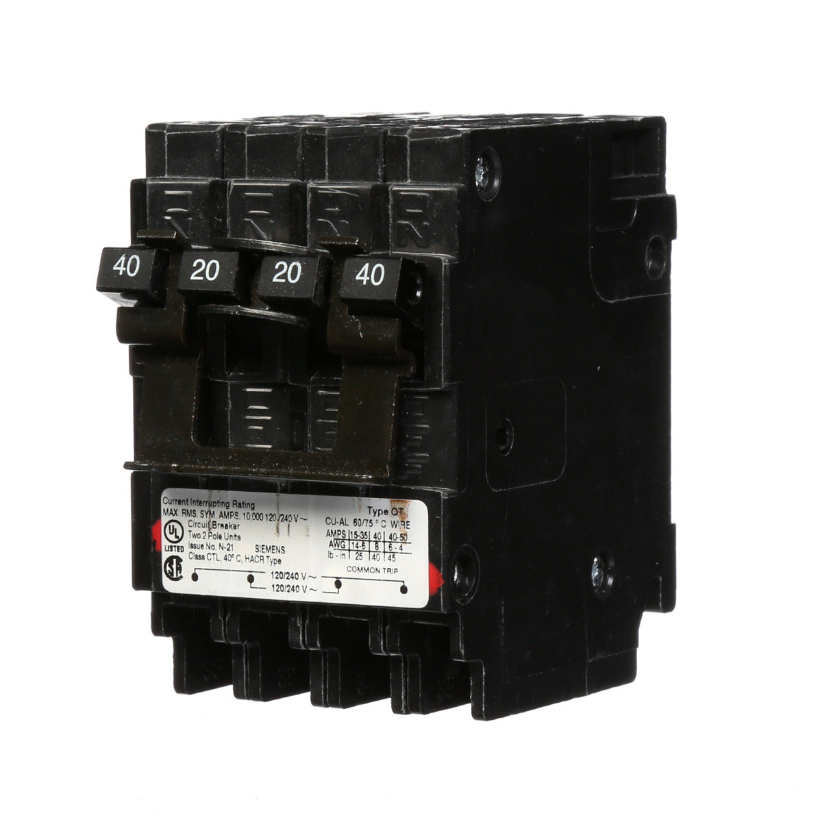 Siemens Q24020CT2 Quadplex Circuit Breaker, 2-Pole 40A-20A Inner-Outer Common-Trip, 120/240V AC, Plug-In, 10kA