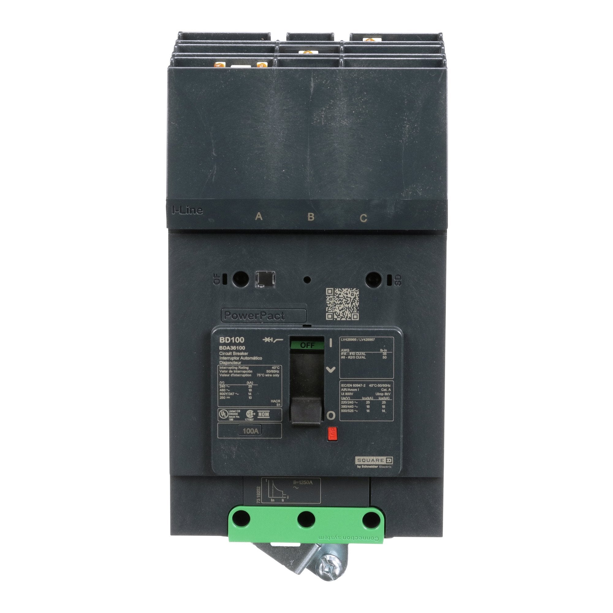 Schneider Electric BDA36100 Circuit Breaker PowerPacT B 100A 3 Pole 600Y/347VAC 14kA