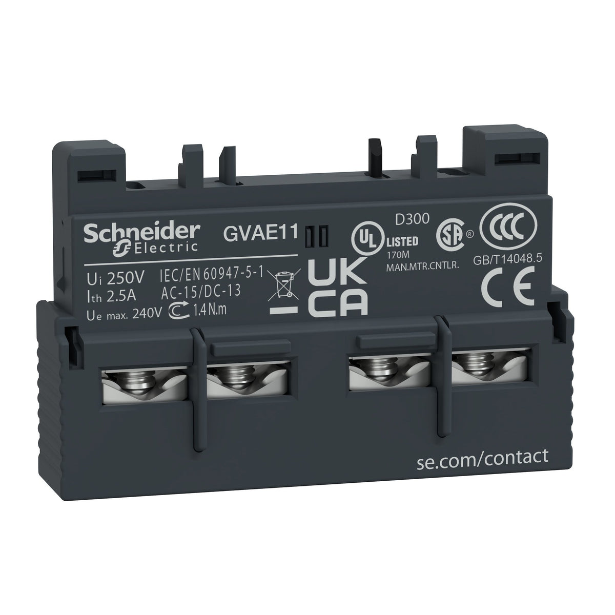 Schneider Electric GVAE11 TeSys Deca Manual Starter and Protector, Auxiliary Contact Block, 1 NO and 1 NC, Top Mount