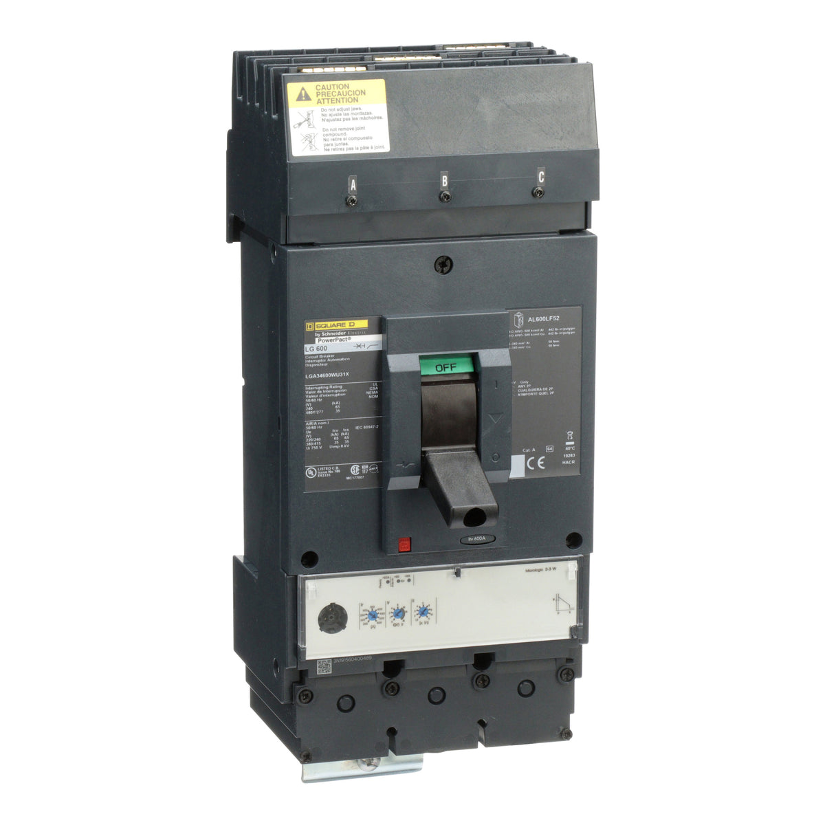 Square D LGA34600WU31X Circuit Breaker PowerPacT L 600A 3 Pole 480VAC 35kA I-Line MicroLogic 3.3 80% ABC mission critical