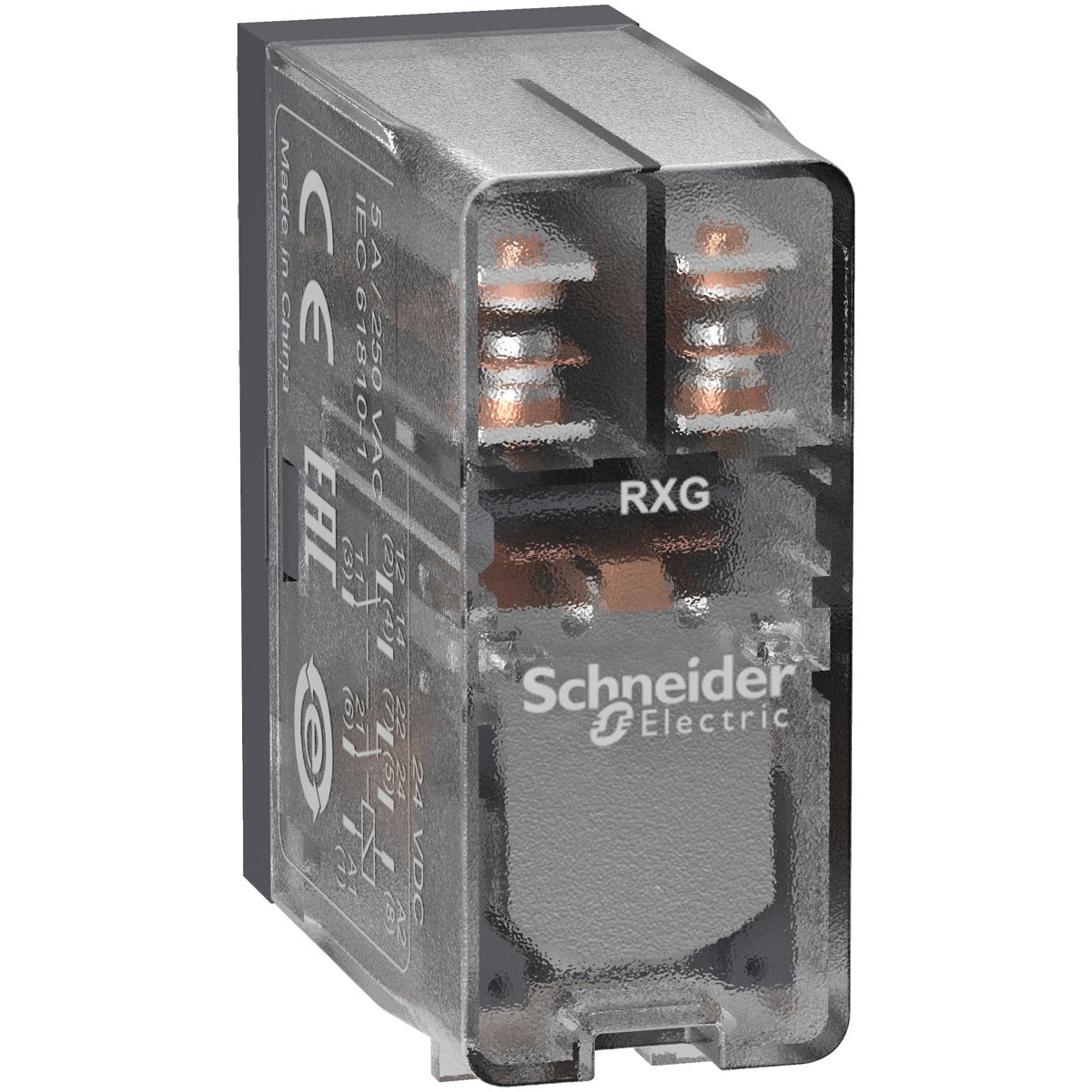 Schneider Electric RXG25BD interface plug in relay, Harmony Electromechanical Relays, 5A, 2CO, clear cover, 24V DC