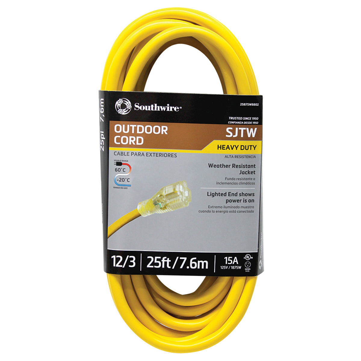 Southwire 2587SW8802 12/3 SJTW Extension Cord 25 Feet Yellow