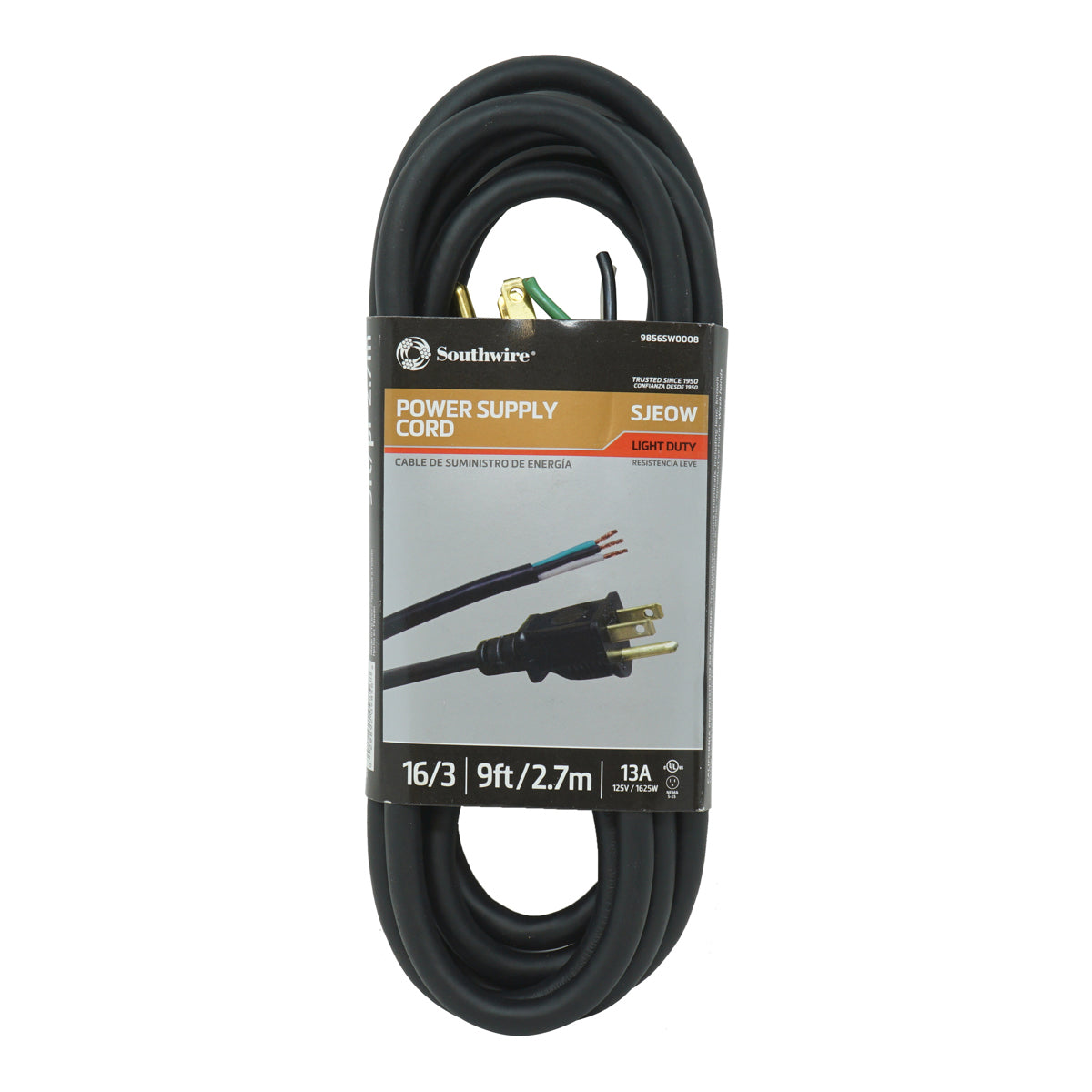 Southwire 9856SW0008 9ft SJEOW Power Supply Cord 16/3 Black