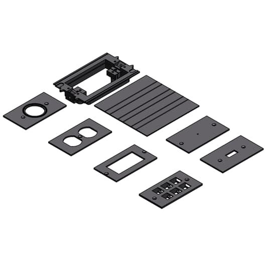 CARLON E976AK2 Rectangular Floor Box Adapter Kit, Gray, Non-Metallic, 1 Yoke/Activation Ring, 1 Divider, 1 Gasket, Competitive Cover, 1 Hardware Kit, 1 Blank Plate, 1 Duplex Plate, 1 GFCI Plate, 1 Single Receptacle Plate, 1 Low Voltage Plate (6 Ports)