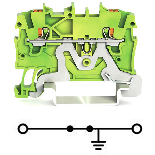 WAGO 2200-1207 Ground/earthing Terminal Block With 1-deck/level + Btn. + Side And Center Marking Slot - With Test Port - Green-Yellow - 1 Grounding / Protective-earth (1PE) / 2-wires (1 Push-in + 1 Push-in) (1+1) - 1mm2 Nominal Cross-section