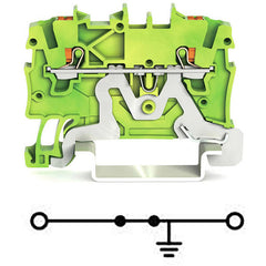 WAGO 2200-1207 Ground/earthing Terminal Block With 1-deck/level + Btn. + Side And Center Marking Slot - With Test Port - Green-Yellow - 1 Grounding / Protective-earth (1PE) / 2-wires (1 Push-in + 1 Push-in) (1+1) - 1mm2 Nominal Cross-section