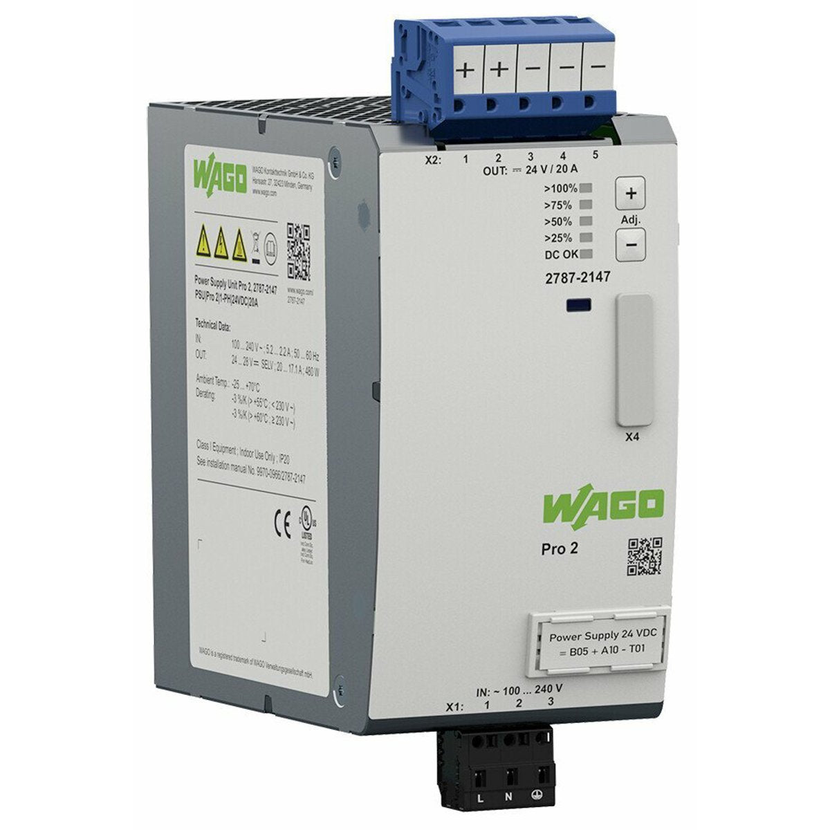 WAGO 2787-2147 Pro 2 Power Supply 20 Amp 24 VDC 1 Phase