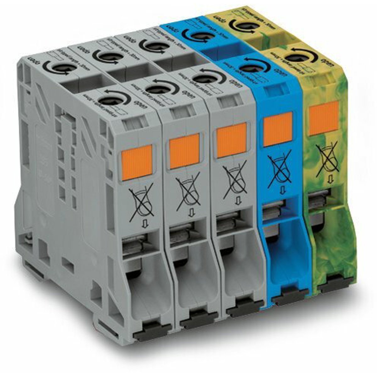 WAGO 285-159 Three-phase Set Feed-through/Thru + Neutral-through + Ground/Earthing Terminal Block with 1-deck/Level