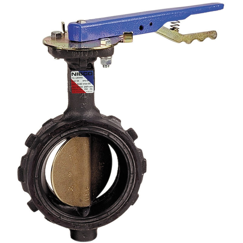 NIBCO NLH100K WD2000-3 6 WAFER DUCTILE IRON 200 LEVER LOCK BUTTERFLY VALVE WITH ALUMINUM BRONZE DISC 416 STAINLESS STEEL STEM & EPDM SEAT