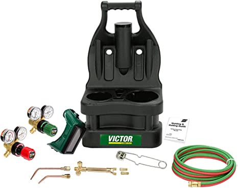 Victory Sales & Marketing 0384-0945 ESAB G150 J-P Light Duty Gas Welding Outfit Tote Kit Without Tanks, R150-200/R150-540 Gas Regulators, 103-01FP Torch Handle, Striker, 12.5' - 3/16 Hose, Goggles, Tank Key