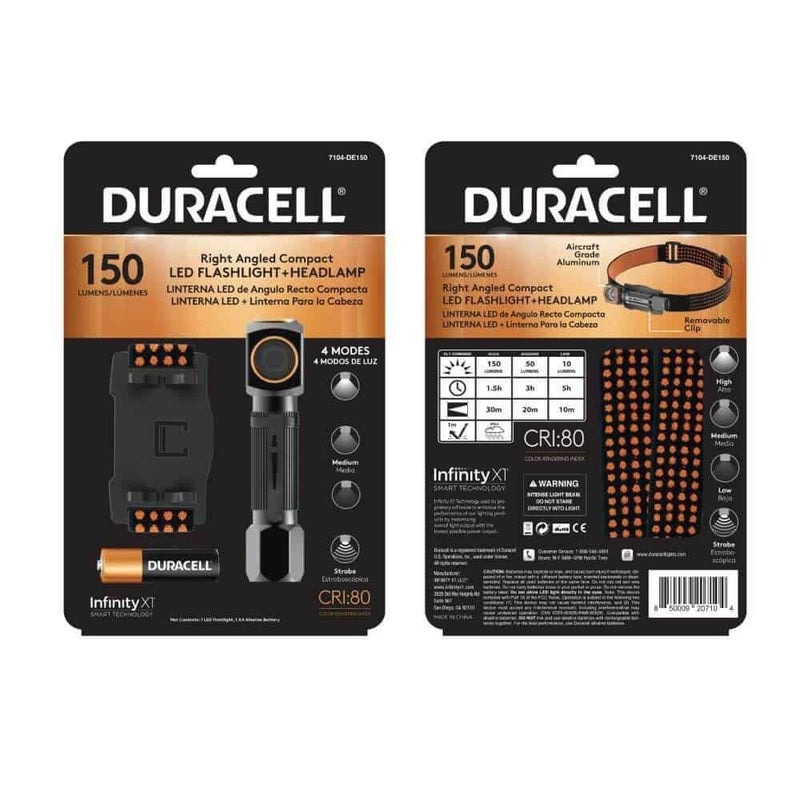 Duracell 7104-DE150  Compact Aluminum LED Right Angled Flashlight Headlamp, 150 Lumens, 1-AA
