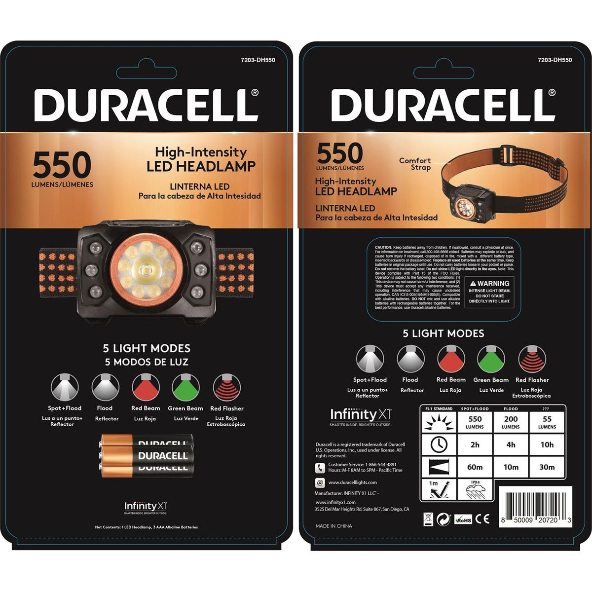 Duracell 7203-DH550  High Intensity LED Headlamp, 550 Lumens, 5 Modes, 3-AAA